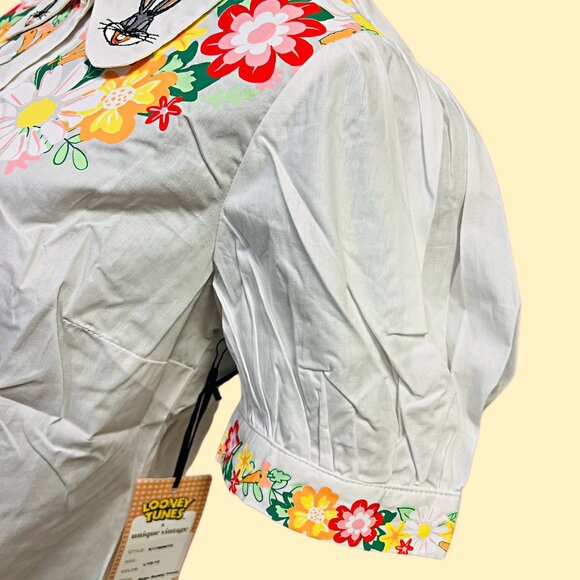 Looney Tunes x Unique Vintage Bugs Bunny Blouse Button Up Embroidered Floral Top - Picture 11 of 12